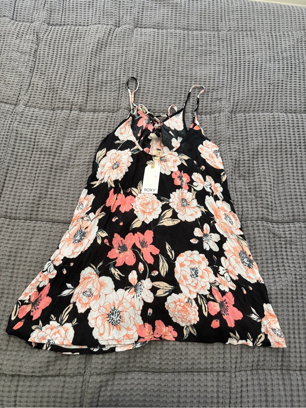 Roxy Black Floral Spaghetti-Strap Camisole with Peach and Cream Flowers